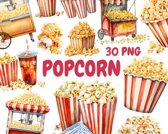 Aquarel popcorn clipartbundel, filmavond clipart, popcornillustraties, transparante png-afbeeldingen, commercieel gebruik