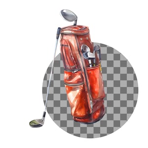 Pu&ograve; includere: Una borsa da golf in pelle rossa con una tasca con cerniera e pi&ugrave; mazze da golf all'interno. La borsa &egrave; su uno sfondo a scacchi.