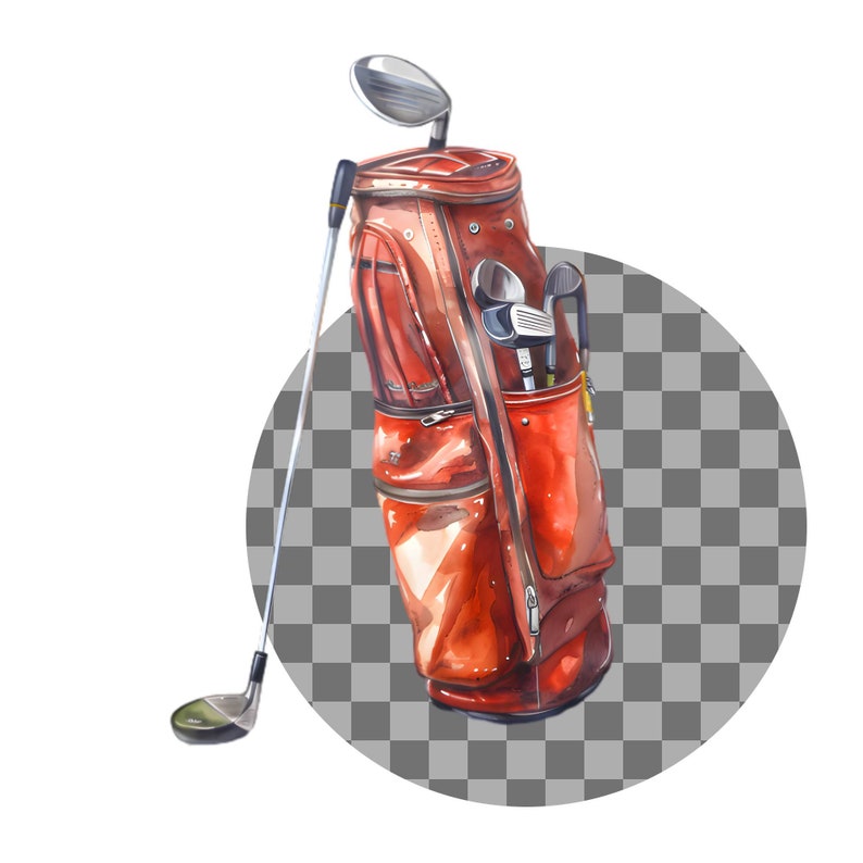 Pu&ograve; includere: Una borsa da golf in pelle rossa con una tasca con cerniera e pi&ugrave; mazze da golf all'interno. La borsa &egrave; su uno sfondo a scacchi.