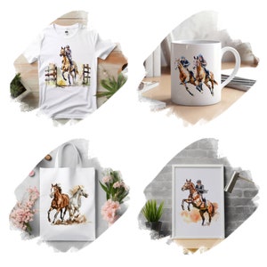 Op de afbeelding: Verschillende items met illustraties van paarden en ruiters. Een wit t-shirt, een draagtas, een mok en een ingelijste print tonen aquarellen van paardenraces en springen.