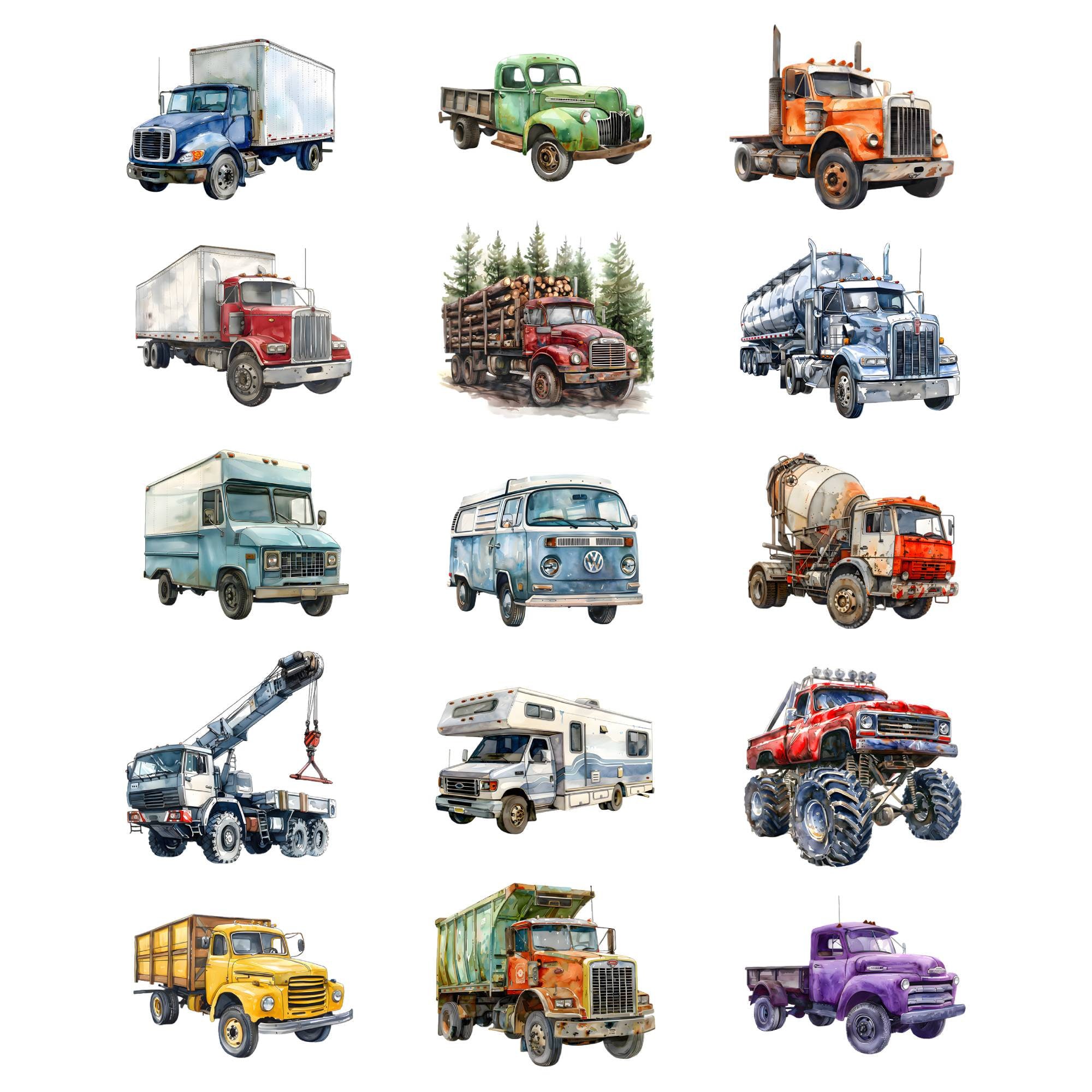 Watercolor Trucks Clipart Bundle, Pickup Truck Clipart, Transportation ...