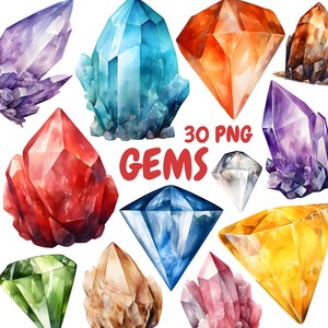Watercolor Gems Clipart Bundle, Magical Diamonds Clipart, Crystal Illustrations, Transparent PNG Graphics, Commercial Use