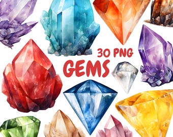 May include: A set of 30 watercolor illustrations of various gemstones. The gems are in different shapes and sizes, and are painted in a variety of colors, including red, blue, green, purple, orange, and yellow. The gems are all set against a white background.