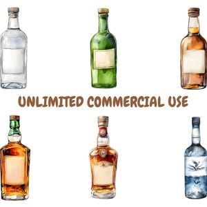 May include: Set of six watercolor illustrations of different glass bottles with labels. The bottles are various colors, including clear, green, brown, and blue. The labels are blank.