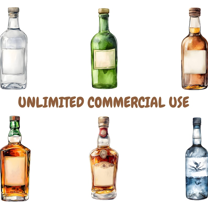 May include: Set of six watercolor illustrations of different glass bottles with labels. The bottles are various colors, including clear, green, brown, and blue. The labels are blank.
