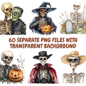 Peut inclure: Un ensemble de six illustrations aquarelle sur le th&egrave;me d'Halloween repr&eacute;sentant des squelettes dans diff&eacute;rentes poses. Les squelettes portent des costumes, tiennent des citrouilles et sont entour&eacute;s de d&eacute;corations d'Halloween. Les illustrations sont parfaites pour ajouter une touche effrayante &agrave; vos projets d'Halloween.