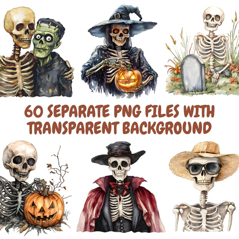Peut inclure: Un ensemble de six illustrations aquarelle sur le th&egrave;me d'Halloween repr&eacute;sentant des squelettes dans diff&eacute;rentes poses. Les squelettes portent des costumes, tiennent des citrouilles et sont entour&eacute;s de d&eacute;corations d'Halloween. Les illustrations sont parfaites pour ajouter une touche effrayante &agrave; vos projets d'Halloween.