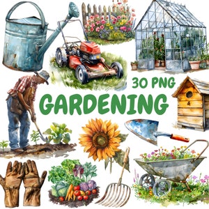 Bundle de cliparts jardinage aquarelle, clipart outils de jardinage, illustrations de jardin, graphiques PNG transparents, usage commercial