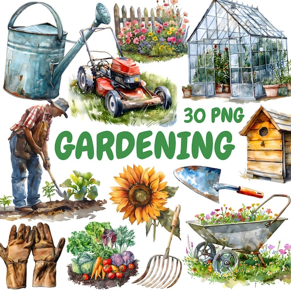 Watercolor Gardening Clipart Bundle, Gardening Tools Clipart, Garden Illustrations, Transparent PNG Graphics, Commercial Use