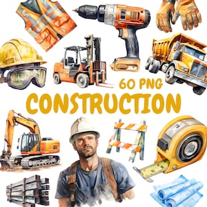 Peut inclure: Illustration à l'aquarelle d'équipements et d'outils de construction, dont une perceuse, un chariot élévateur, un camion benne et une excavatrice. Le mot "CONSTRUCTION" est écrit en jaune. Comprend également un casque, un gilet de sécurité, des gants et un ouvrier du bâtiment.