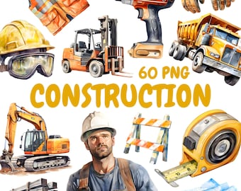 Watercolor Construction Clipart Bundle, Construction Vehicle Clipart, Crane Illustrations, Transparent PNG Graphics, Commercial Use