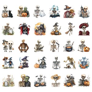 Peut inclure: Une collection de 36 illustrations &agrave; l'aquarelle repr&eacute;sentant des squelettes dans diverses poses sur le th&egrave;me d'Halloween. Les squelettes sont repr&eacute;sent&eacute;s dans une vari&eacute;t&eacute; d'activit&eacute;s, telles que tenir des citrouilles, jouer de la musique et porter des costumes. Les illustrations sont peintes dans un style fantaisiste et festif.