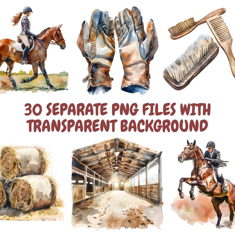 Op de afbeelding: Waterverfillustraties van paardensportartikelen en -sc&egrave;nes. Bevat een ruiter op een paard, rijhandschoenen, borstels, een stalinterieur, hooibalen en de tekst "30 SEPARATE PNG FILES WITH TRANSPARENT BACKGROUND."