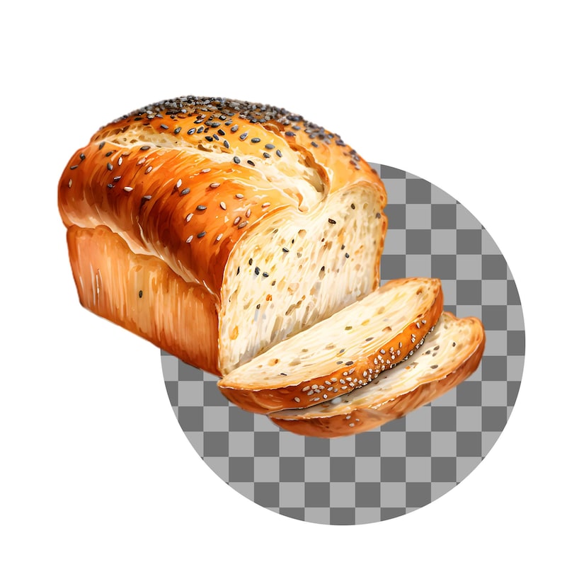 K&ouml;nnte beinhalten: Ein goldbraunes Brot mit leicht knuspriger Kruste, &uuml;bers&auml;t mit schwarzen und wei&szlig;en Samen. Zwei Scheiben sind geschnitten und vor das Brot gelegt, ebenfalls mit Samen bestreut. Das Brot ist vor einem transparenten Hintergrund platziert.