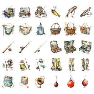 May include: A watercolor illustration of fishing equipment and supplies, including fishing rods, reels, nets, tackle boxes, lures, boots, and floats. The illustration is in a vintage style and features a variety of colors, including brown, green, blue, and red.
