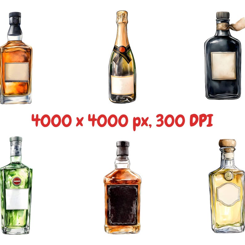 May include: Five different bottles of alcohol, including whiskey, champagne, tequila, gin, and liqueur. The bottles are all clear glass with various labels and stoppers.
