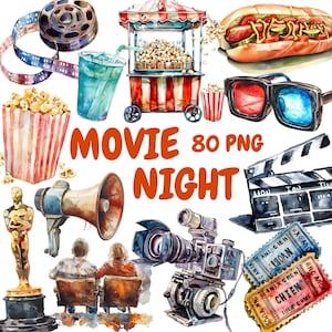 Paquete de imágenes prediseñadas de noche de cine en acuarela, imágenes prediseñadas de cine, ilustraciones de cine, gráficos PNG transparentes, uso comercial