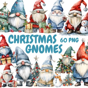 Watercolor Christmas Gnomes Clipart Bundle, Xmas Gnome Clipart, Festive Gnome Graphics, Instant Digital Download For Commercial Use