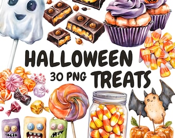 水彩画のハロウィンお菓子クリップアート集、ハロウィンキャンディクリップアート、ハロウィンスイーツグラフィック、商用利用のための即時デジタルダウンロード