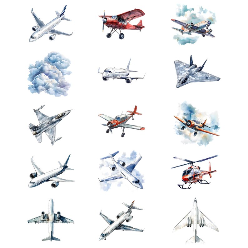 Akvarell flygplan clipart paket, fraktflygplan clipart, flygplansillustrationer, transparent PNG-grafik, kommersiellt bruk bild 8