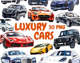 Paquete de imágenes prediseñadas de coches de lujo en acuarela, imágenes prediseñadas de coches deportivos, ilustraciones de superdeportivos, gráficos PNG transparentes, uso comercial.
