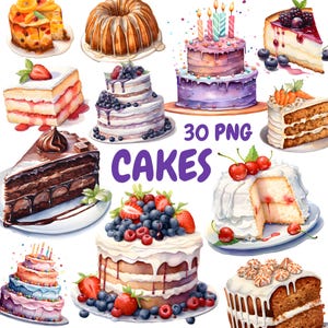 Aquarell Kuchen Clipart Bundle, Geburtstagskuchen Clipart, Kuchen Illustrationen, transparente PNG Grafiken, kommerzielle Nutzung