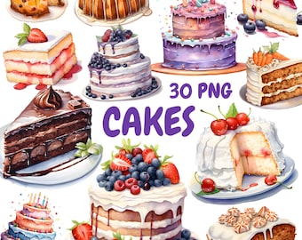 Watercolor Cakes Clipart Bundle, Birthday Cake Clipart, Cake Illustrations, Transparent PNG Graphics, Commercial Use