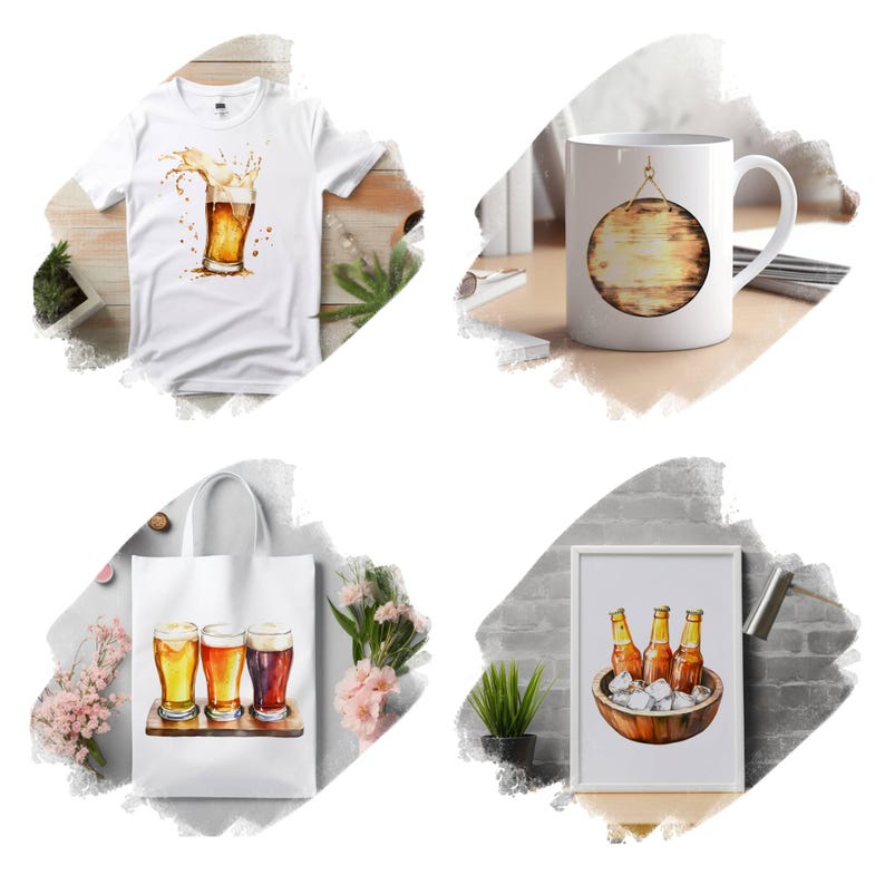 May include: A set of four watercolor illustrations featuring beer-themed designs. The designs include a glass of beer with a splash, a mug with a wooden circle, a tote bag with three glasses of beer, and a framed print of three bottles of beer in a bowl with ice.