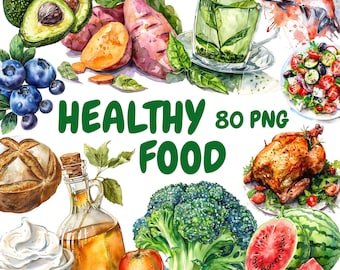 Watercolor Healthy Food Clipart Bundle, Healthy Vegetable Clipart, Food Illustrations, Transparent PNG Graphics, Commercial Use