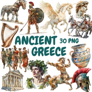 Bundle de cliparts aquarelle Grèce antique, cliparts mythologie grecque, Illustrations d'Hercule, graphiques PNG transparents, usage Commercial