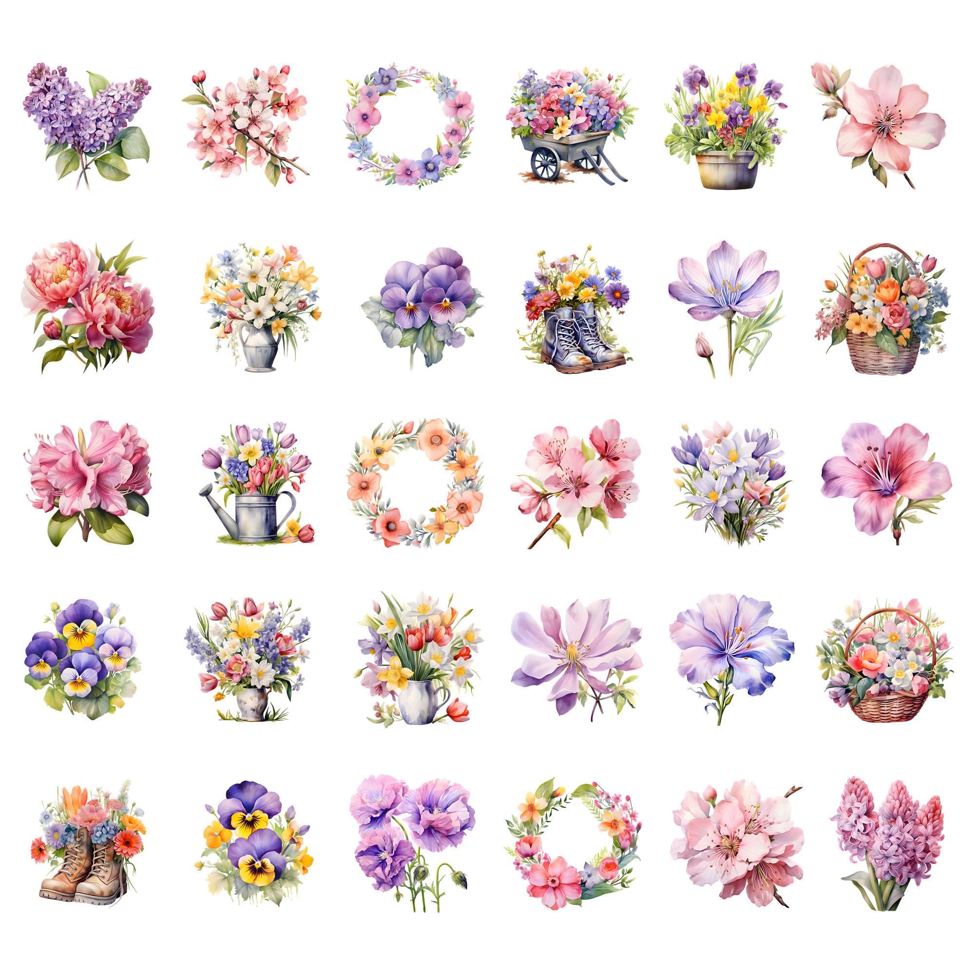 Watercolor Spring Flowers Clipart Bundle, Easter Floral Bouquet PNG ...