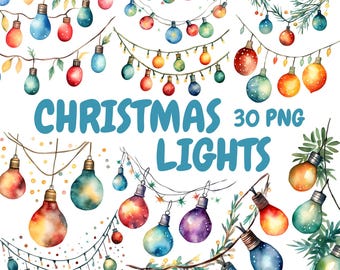 Watercolor Christmas Lights Clipart Bundle, String Light Clipart, Xmas Light Graphics, Instant Digital Download For Commercial Use