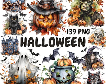 Watercolor Halloween Clipart Bundle, Witch Ghost Clipart, Bat Zombie Graphics, Instant Digital Download For Commercial Use