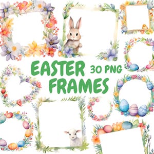 Paquete de imágenes prediseñadas de marcos de Pascua en acuarela, corona floral de Pascua PNG, gráficos de feliz Pascua, descarga digital instantánea para uso comercial
