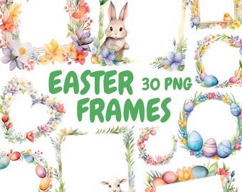 Watercolor Easter Frames Clipart Bundle, Floral Easter Wreath PNG, Happy Easter Graphics, Instant Digital Download For Commercial Use