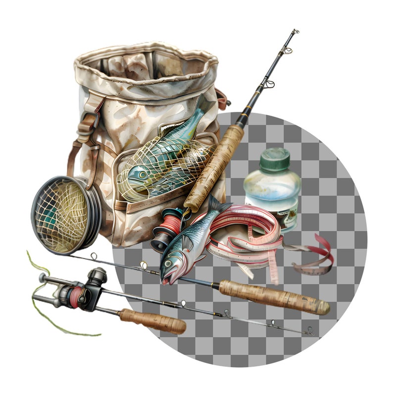May include: A fishing tackle bag with a brown canvas exterior and a fish inside. The bag has a brown leather strap and a zipper. There are two fishing rods, a fishing net, a bottle of fishing line, and a measuring tape.