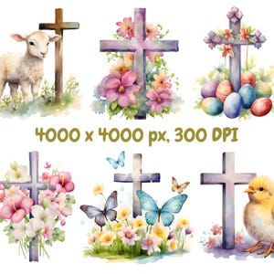 Paquete de imágenes prediseñadas de cruz de Pascua en acuarela, cruz de Pascua floral PNG, gráficos de Pascua, descarga digital instantánea para uso comercial imagen 2