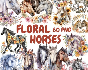 Watercolor Floral Horses Clipart Bundle, Floral Horse Clipart, Equestrian Illustrations, Transparent PNG Graphics, Commercial Use