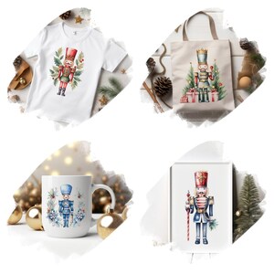 May include: A set of four Christmas-themed products featuring a Nutcracker soldier. The set includes a white t-shirt, a canvas tote bag, a white ceramic mug, and a framed print. The Nutcracker soldier is depicted in a traditional red and blue uniform with a gold crown and holding a candy cane.