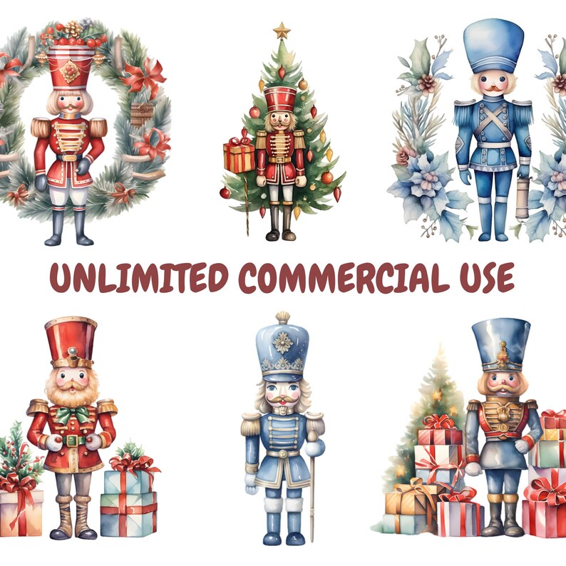 May include: A set of ten watercolour illustrations of nutcracker soldiers in various poses. The nutcrackers are dressed in red and blue uniforms with gold accents. Some of the nutcrackers are holding weapons, while others are holding gifts. The illustrations are perfect for use in holiday crafts, scrapbooking, and other creative projects.