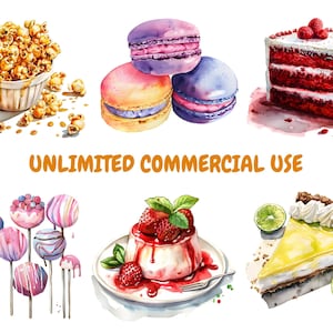 May include: A watercolor illustration of various desserts, including macarons, cake, cupcakes, and a lemon tart. The desserts are painted in a realistic style with vibrant colors and delicate details. The text "UNLIMITED COMMERCIAL USE" is written in orange letters at the bottom of the image.