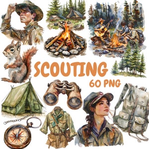 Paquete de imágenes prediseñadas de exploración de acuarela, imágenes prediseñadas de Boy Scout, ilustraciones de camping, gráficos PNG transparentes, uso comercial