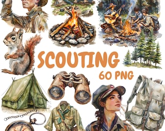 Watercolor Scouting Clipart Bundle, Boy Scout Clipart, Camping Illustrations, Transparent PNG Graphics, Commercial Use