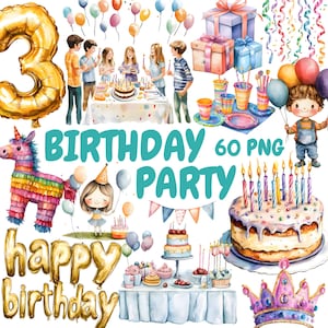 Aquarell Geburtstagsparty Clipart Bundle, Geburtstagsgeschenk Clipart, Ballons Illustrationen, transparente PNG Grafiken, kommerzielle Nutzung