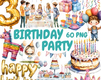 Lot de cliparts aquarelle fête d'anniversaire, cliparts cadeau d'anniversaire, illustrations de ballons, graphiques PNG transparents, usage commercial