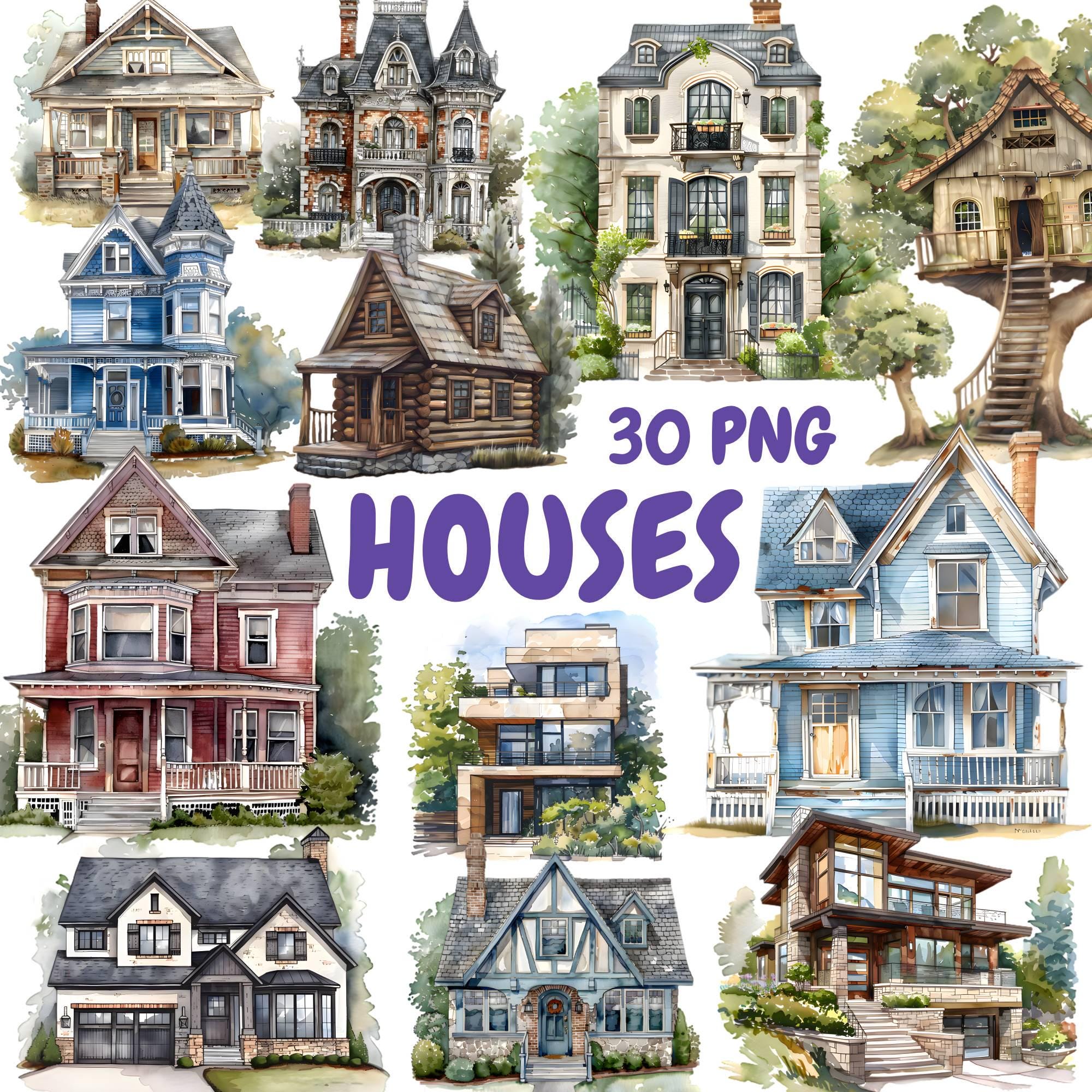 Watercolor Houses Clipart Bundle, Cottagecore Building Clipart, House Illustrations, Transparent PNG Graphics, Commercial Use