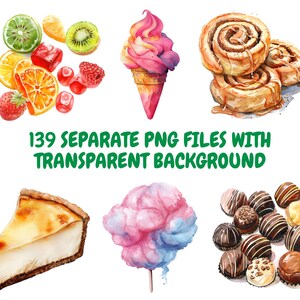 May include: A collection of watercolor illustrations of various desserts and treats, including a pink and yellow ice cream cone, a cotton candy swirl, a cheesecake slice, a cinnamon roll, and a group of chocolate truffles.