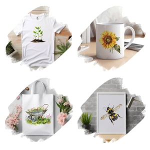 Pu&ograve; includere: Un set di quattro illustrazioni ad acquerello che rappresentano un girasole, un'ape, una carriola piena di fiori e un gruppo di piantine. Queste illustrazioni sono perfette per creare design unici per t-shirt, tazze, borse tote e altri prodotti.