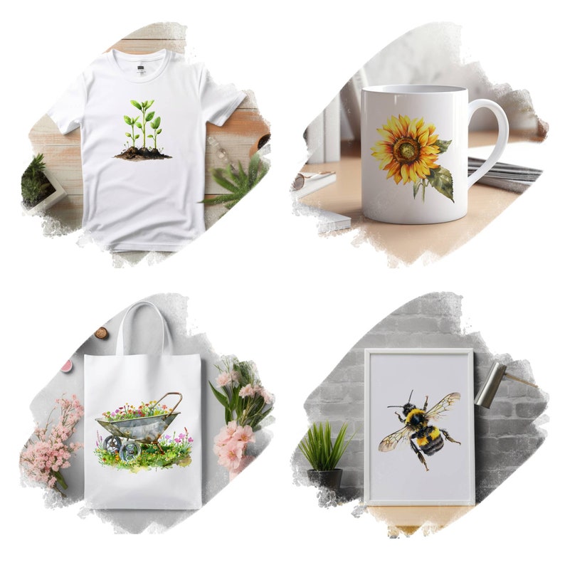 Pu&ograve; includere: Un set di quattro illustrazioni ad acquerello che rappresentano un girasole, un'ape, una carriola piena di fiori e un gruppo di piantine. Queste illustrazioni sono perfette per creare design unici per t-shirt, tazze, borse tote e altri prodotti.
