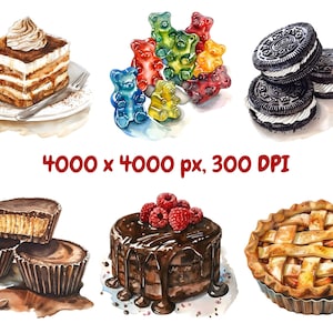 May include: Assortment of watercolor painted desserts and candies. A chocolate cake with chocolate frosting and raspberries, a chocolate and peanut butter cup, a slice of tiramisu, a pie with a lattice crust, and a stack of chocolate sandwich cookies with white frosting.
